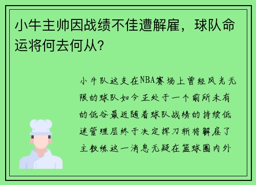 小牛主帅因战绩不佳遭解雇，球队命运将何去何从？